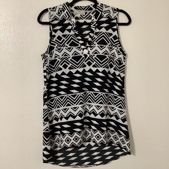 Black Geometric Tropical Casual Summer Vacation Cruise Resort Sleeveless Top S - Picture 1 of 8